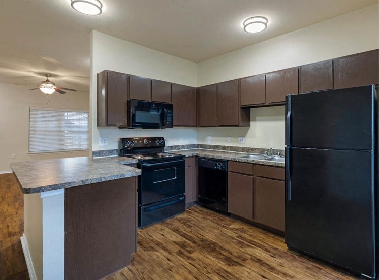 Fully equipped kitchen with black appliances